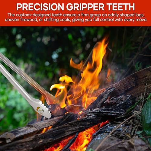 Miniatura 3 de Pinzas para hoguera de 32 pulgadas súper largas para cargar madera, barbacoa con mango de acacia de lujo extendido para hogueras, anillos de fuego,