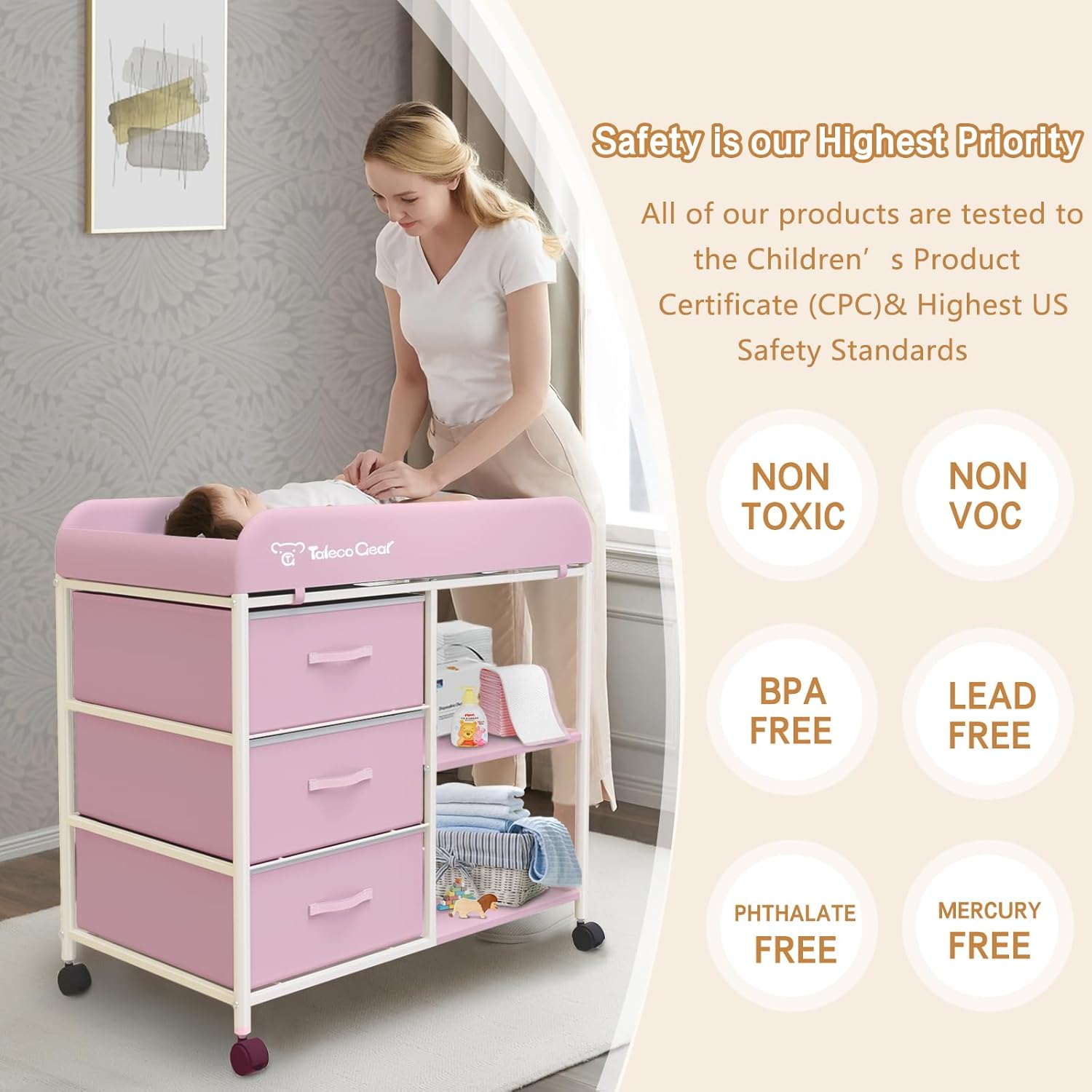 Baby Changing Table, Portable Changing Table, Diaper Changing Station with Waterproof Pad, Changing Table Dresser with 3 Storage Baskets, Mobile Nursery Organizer for Newborn Essentials