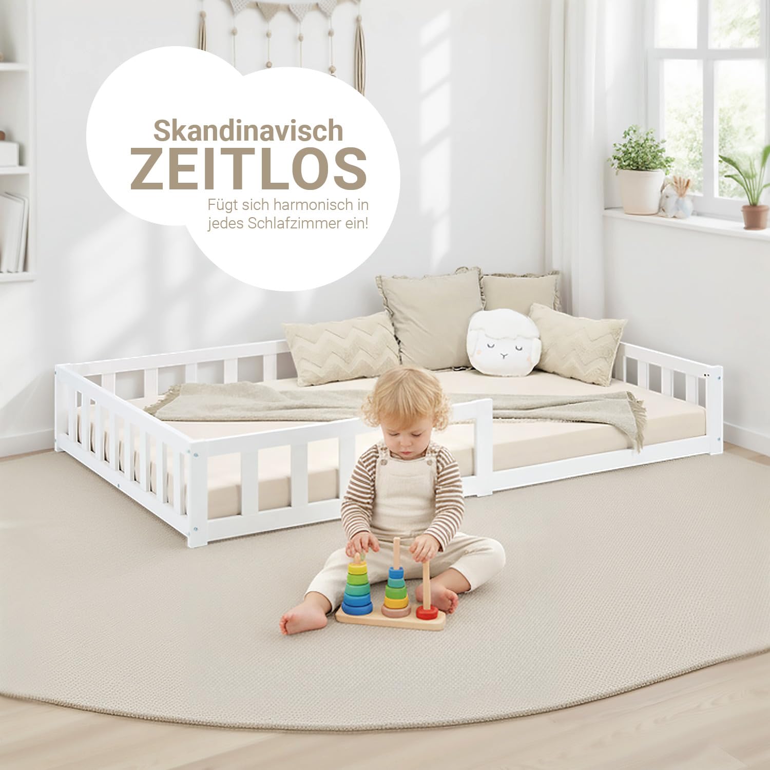 Homestyle4u Montessori 3026 Lit de sol, 120 x 200 cm, en bois, blanc, pour enfant, avec protection anti-chute, matelas et sommier à lattes