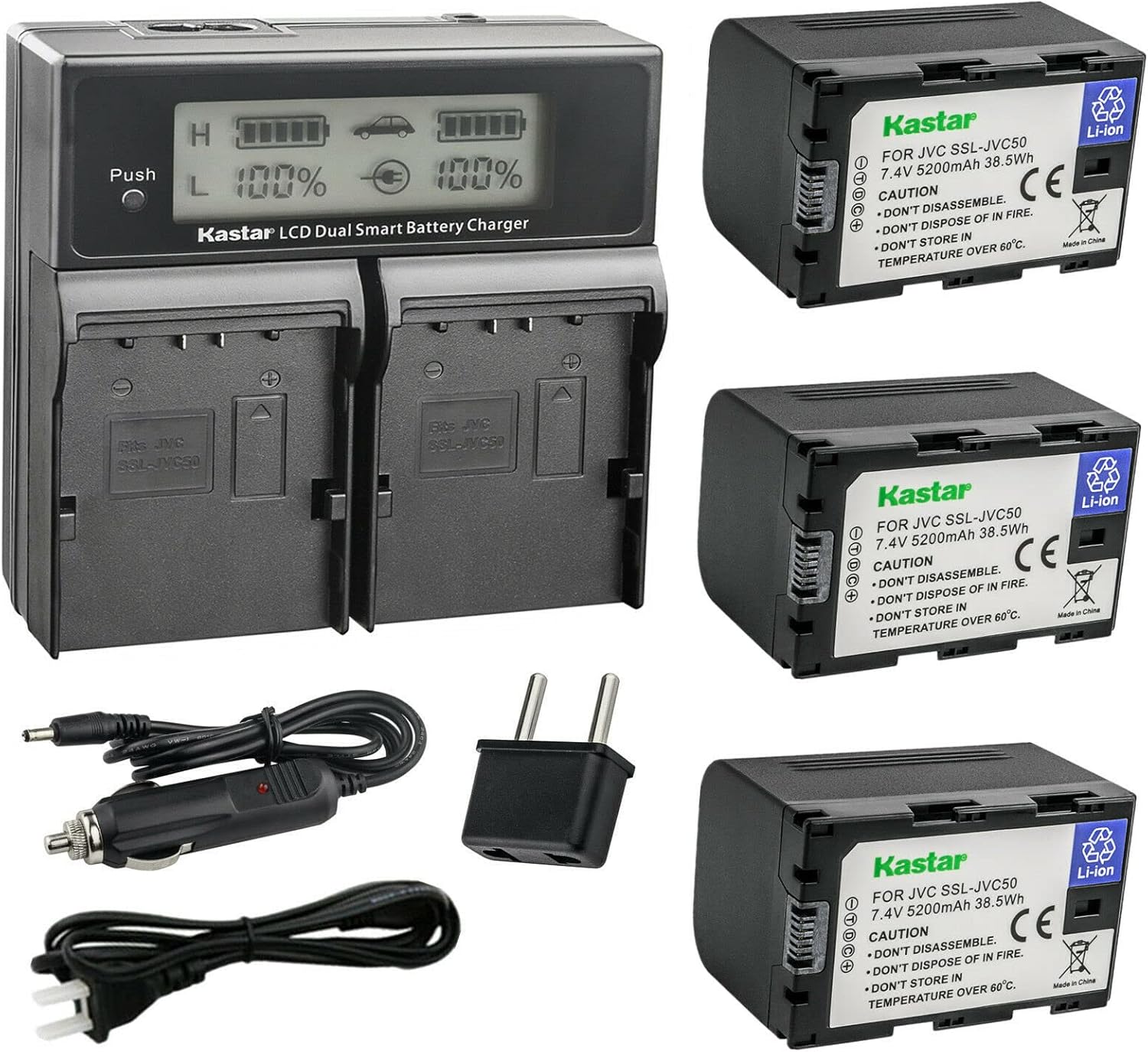 Kastar 3-Pack SSL-JVC50 Battery and CH04 LCD Dual Fast Charger Compatible with JVC GY-HM250 GY-HM250SP, GY-HM600, GY-HM600E, GY-HM600EC, GY-HM620U, GY-HM650, GY-HM650U, GY-HM650SC Camera