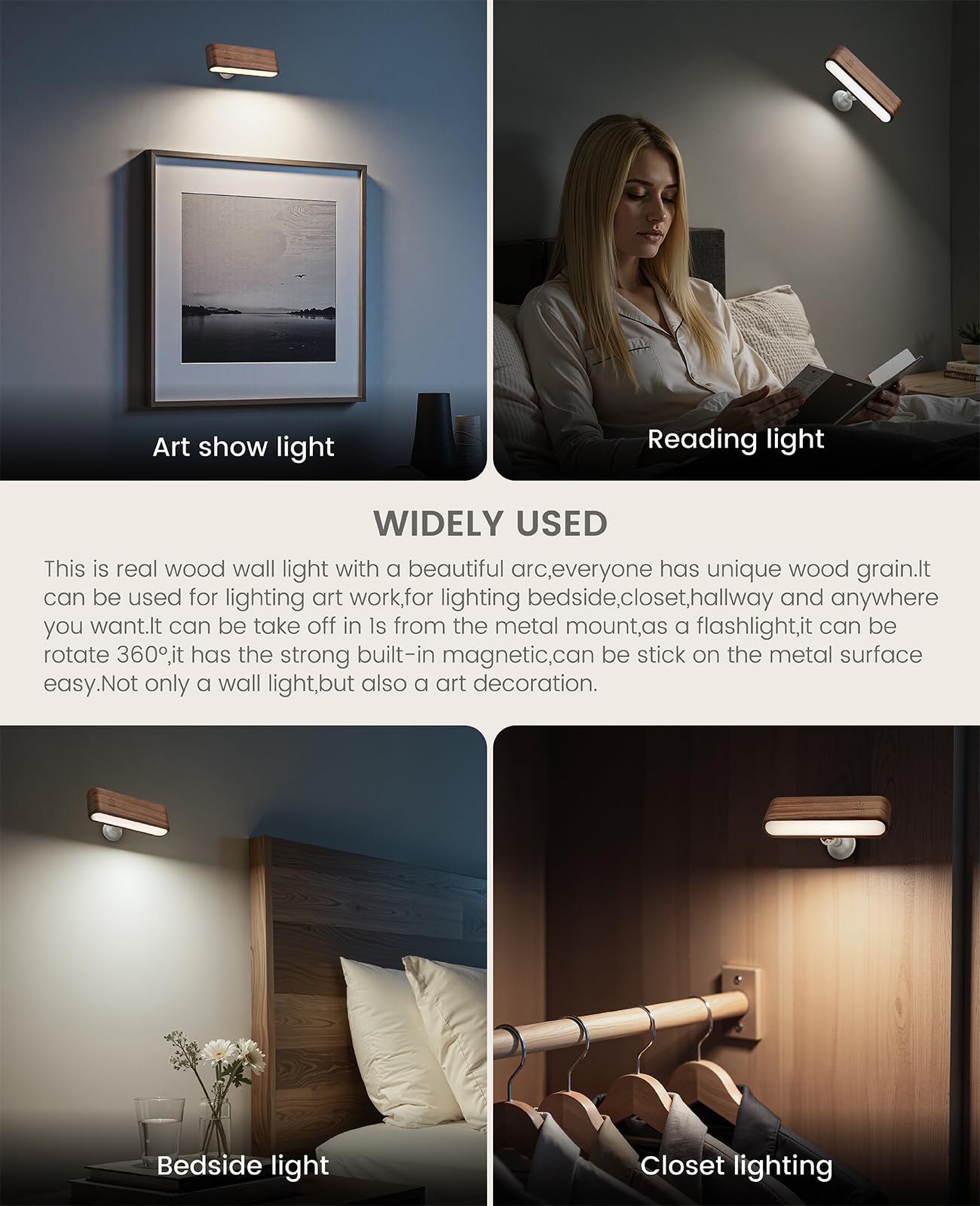 Aplique de pared LED de madera magnético giratorio de 360°, mini lámpara de brillo ajustable, luces nocturnas recargables, luz de lectura alimentada por pilas, para mesita de noche, pasillo, sala de