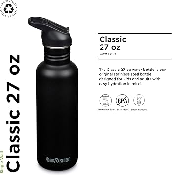 Klean Kanteen 800ml Classic Water Bottle with Straw, 100% Leakproof | 27oz Stainless Steel Sports Water Bottle, Gym or Travel, Durable & BPA-Free, (Black)