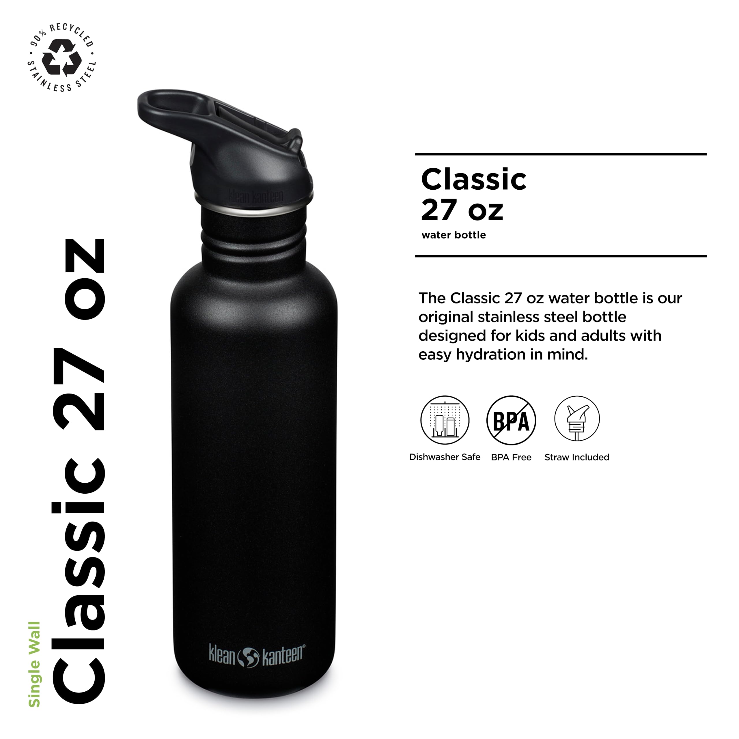 Klean Kanteen Borraccia da Bici Classic Narrow (Flip Sport) con Chiusura in Acciaio Inox Nero da 800 ml, 1011193
