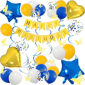 LBKKC Blue and Yellow Birthday Decorations, Happy Birthday Banner for Kids and Adults, Glitter Hanging Streamers with Butterfly, Yellow Birthdays Banners with Balloons for Party Decoration