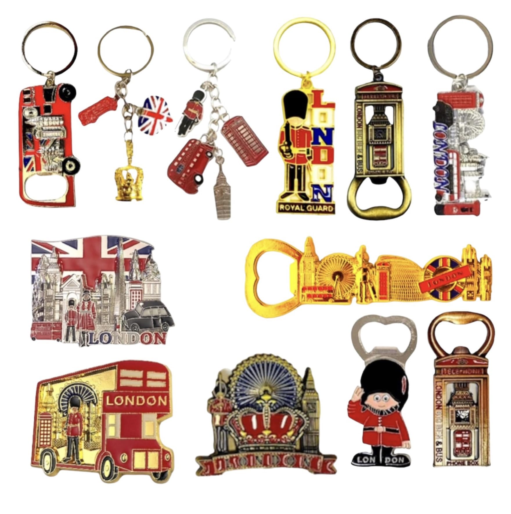 Generic 12 London Souvenirs Keyrings Magnets - British Souvenir Metal Magnet Keychain - Union Jack Key Ring Magnet UK Fridge Magnet Bottle Opener Keychain