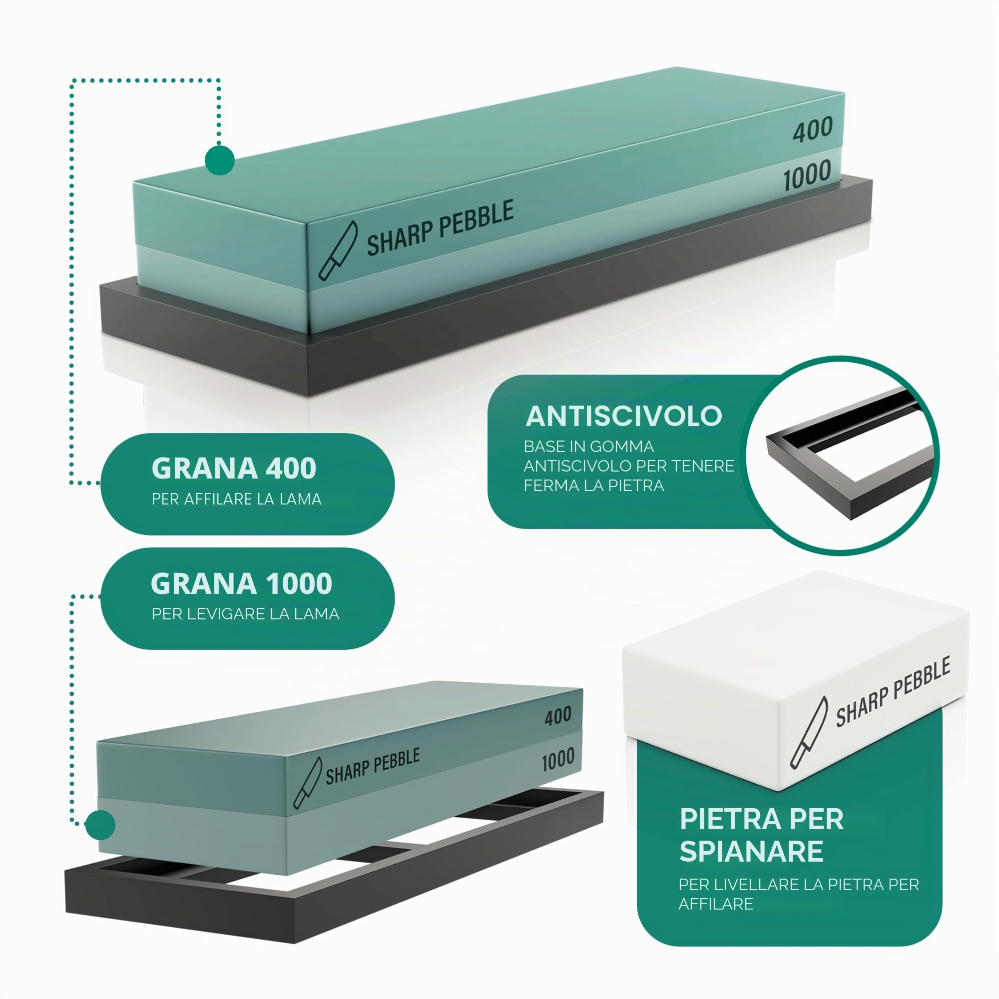 Sharp Pebble Pietra per affilare 2 Side Grit Whetstone 400/1000-Pietra per Affilare con Base in Gomma Antiscivolo, Pietra Appiattita & eBook