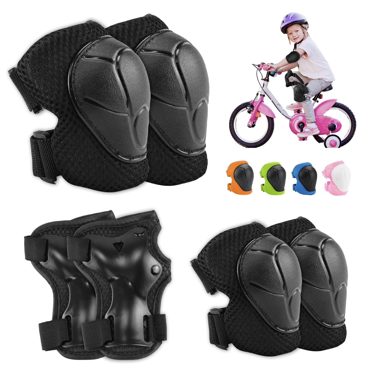 Knee Pads for Kids 6 Pcs Wrist Guard Knee and Elbow Pads for Boys Girls Children Sports Equipment Protective Protector Gear Set with Mesh Bag for Skateboard Roller Skating Biking Outdoor Multi-Sports