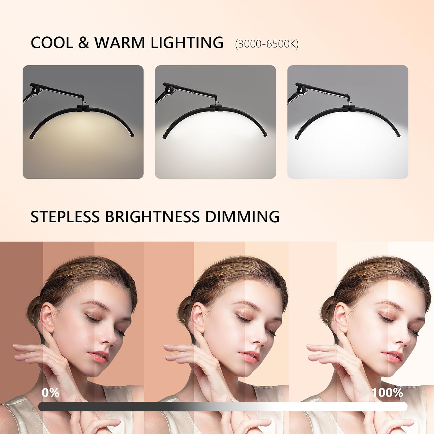 OmySalon Half Moon Light Lash Lamp, Movable Shadowless LED Floor Lamp w/Adjustable Height & Phone Holder, Dimmable Lighting for Eyelash Extensions, Lash Tech, Nail, Tattoo, Esthetician & Salon (Black)
