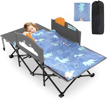 Slendor Toddler Cot w/Cartoon Handrail & Blanket, Kids Folding Travel Bed
