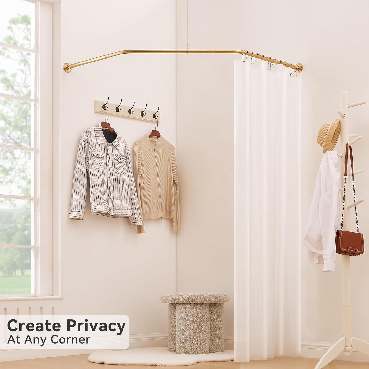 Diamond Shaped Shower Pole, Corner Shower Curtain Rod, Curved Shower Curtain Rod for Bathroom, 304 Stainless with 12 Ring Hooks & Ceiling Support [Sides: 22"-34.8", Middle: 28"-43.7"] (Gold)