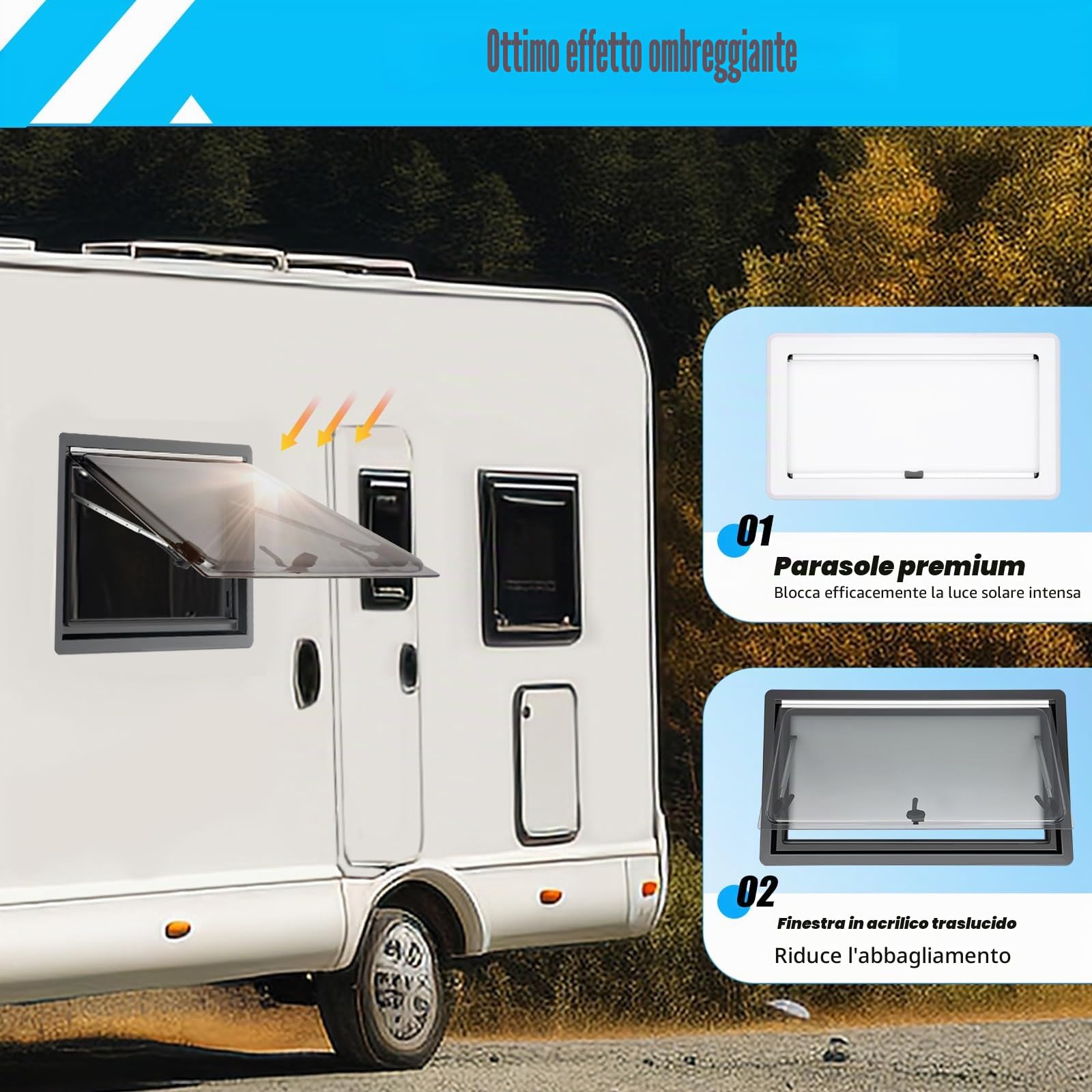 Finestra Laterale per Roulotte, Camper e Furgone - Vetrina Esterna con Spinta Integrata e Zanzariera (900 x 500 mm)