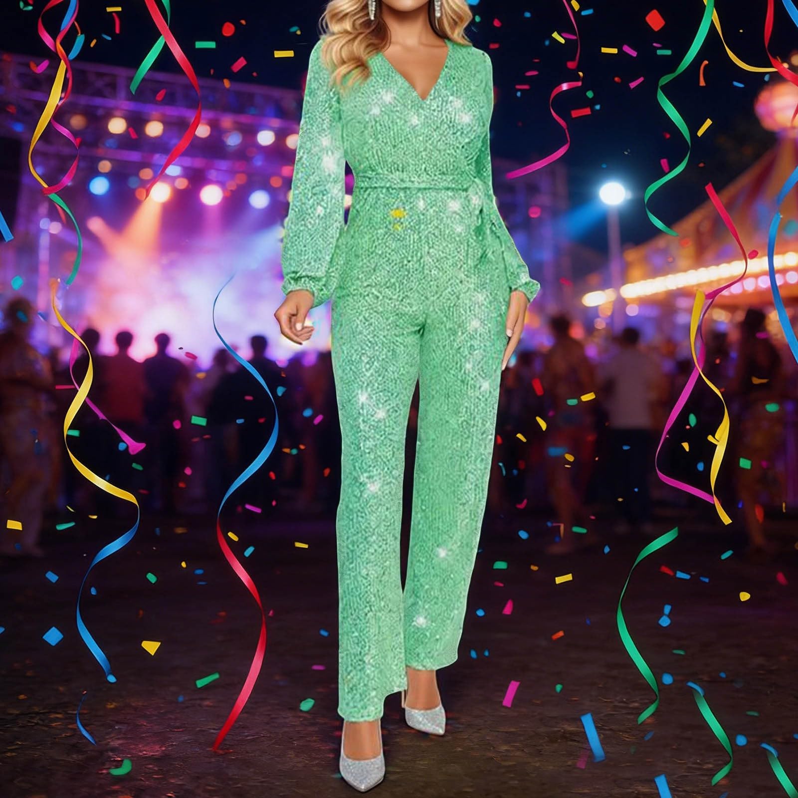 Générique 2026 Combinaison-short décontractée manches longues ceinture sequins scintillants soirée élégante femme tenue festive tendance