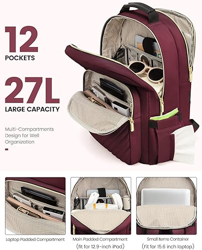 Miniatura 2 de Lovevook - Mochila acolchada para laptop, bolsa de trabajo para computadora, bolsa para mujer con estilo para libros - 15.6 pulgadas, vino