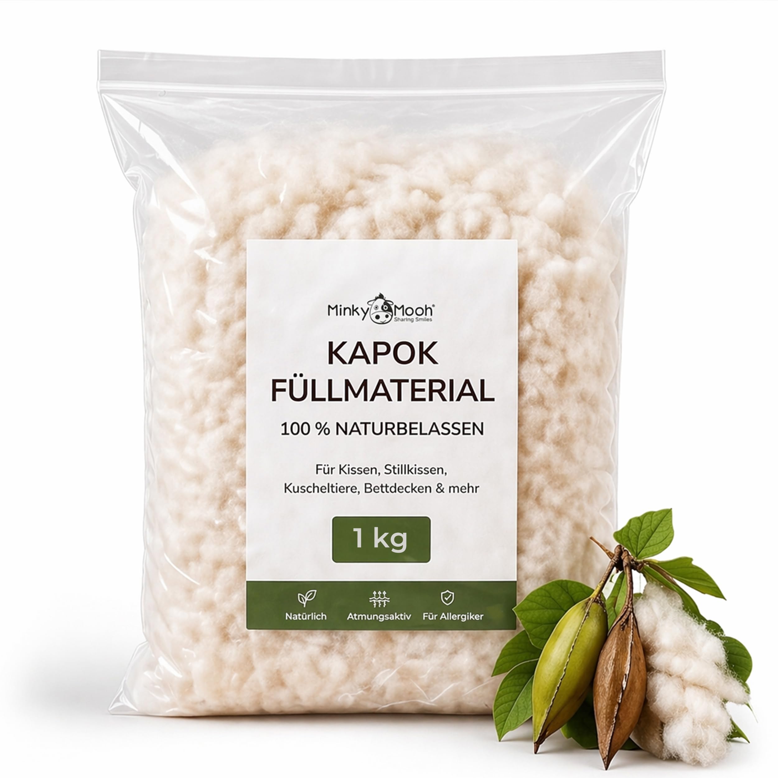 1 kg Kapok Füllmaterial (Öko-Tex 100) vegan & 100% naturbelassen - Kapokwolle & Füllwatte für Allergiker - Atmungsaktive Kapokfaser Wolle für Füllung von Stillkissen, Kissen, Matratze