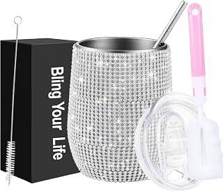 Bling Wine Tumbler-12oz Diamond Bling Water Bottle,Glitter Stainless Steel Insulated Rhinestone Water Cup with Easy Sip Lid, Bling Wine Glasses with Rhinestones for Girls Women (1, Silver)