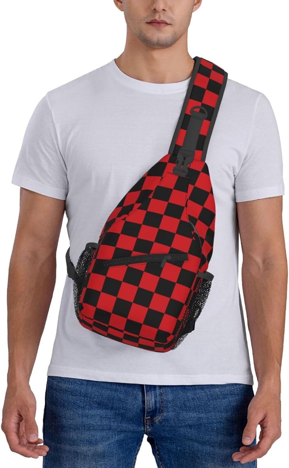 Checkered Crossbody Sling Bag for Women Men Abstract Geometric Pattern Christmas Plaid Sling Backpack Casual Chest Shoulder Bag Checkerboard with Red and Black Squares Sports Hiking Daypack - Image 6