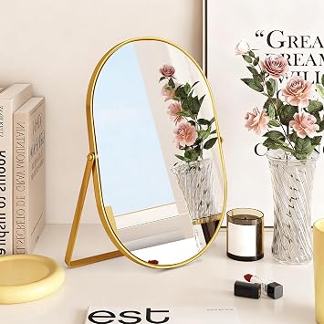 Oval Makeup Mirror with Metal Frame, Vanity Table Mirror with Stand Gold | Portable 360 Swivel Adjustable, 12.2*8.8in Single-Sided Desk Mirrors for DressingTable,Desktop,Shaving,Bedroom,Bathroom