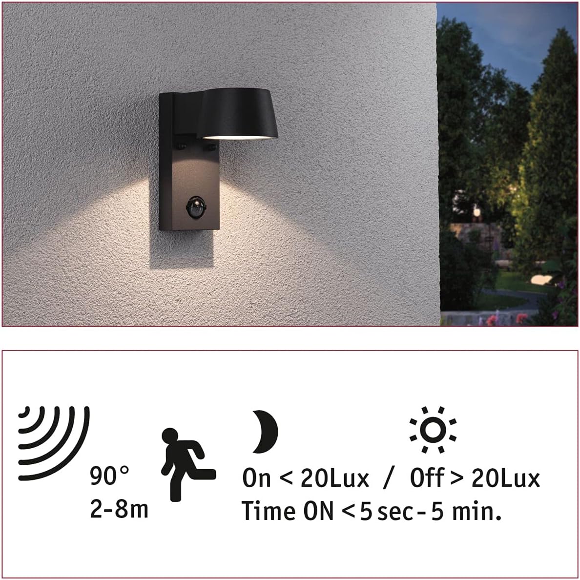 Diagram of motion sensor settings for Paulmann Capea LED Outdoor Wall Lamp