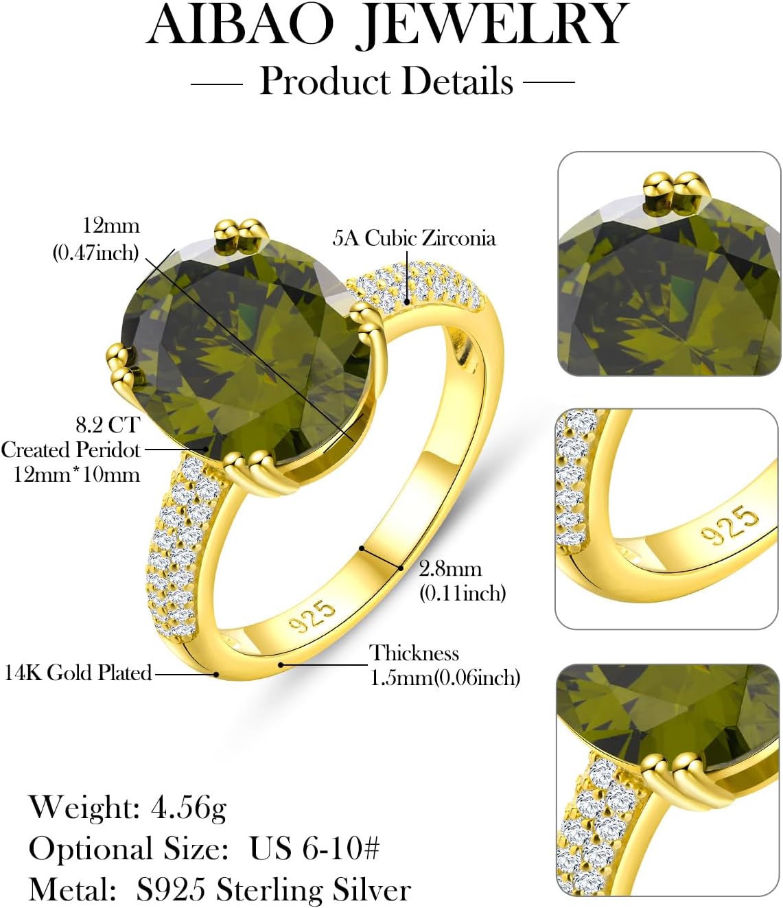 AIBAO Sterling Silver Oval Engagement Rings for Women Large Ruby/Sapphire/Emerald/Aquamarine/Peridot/Amethyst Birthstone Ring Anniversary Wedding Jewelry Size 6 to 10 - Image 5