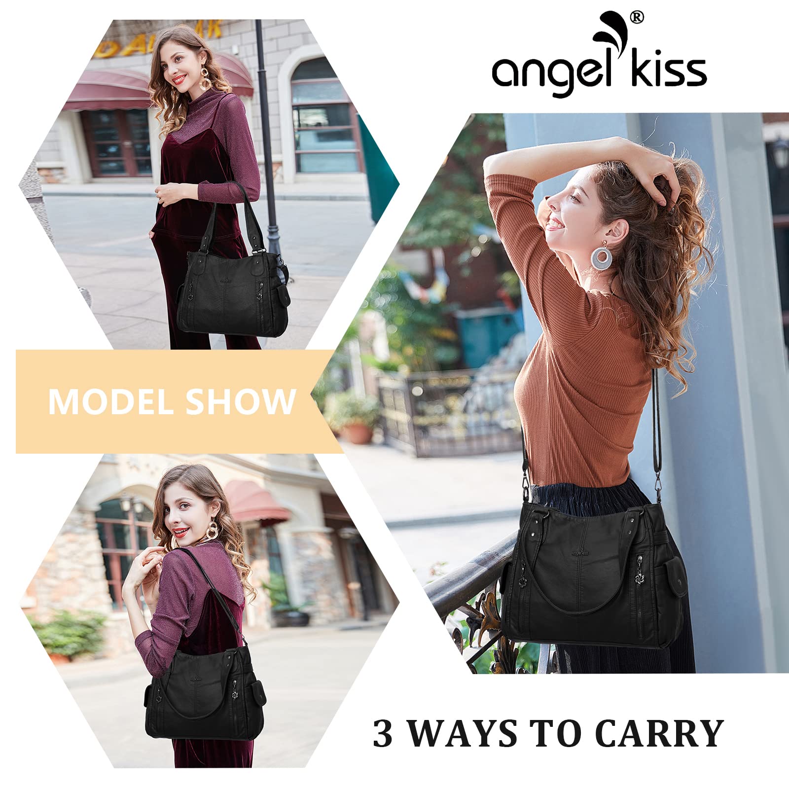 ZOCAI AngelKiss Handtasche Damen Schultertasche Multifunktionale Umhängetaschen Gewaschenes Veganes Leder Wasserdicht mit Reißver Schlusstaschen Reißverschlusstasche
