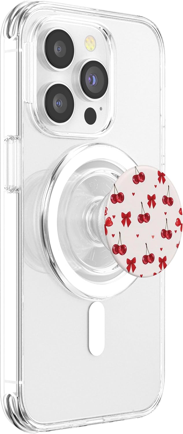 Red Cherry Heart Bow Illustration Print PopSockets PopGrip for MagSafe