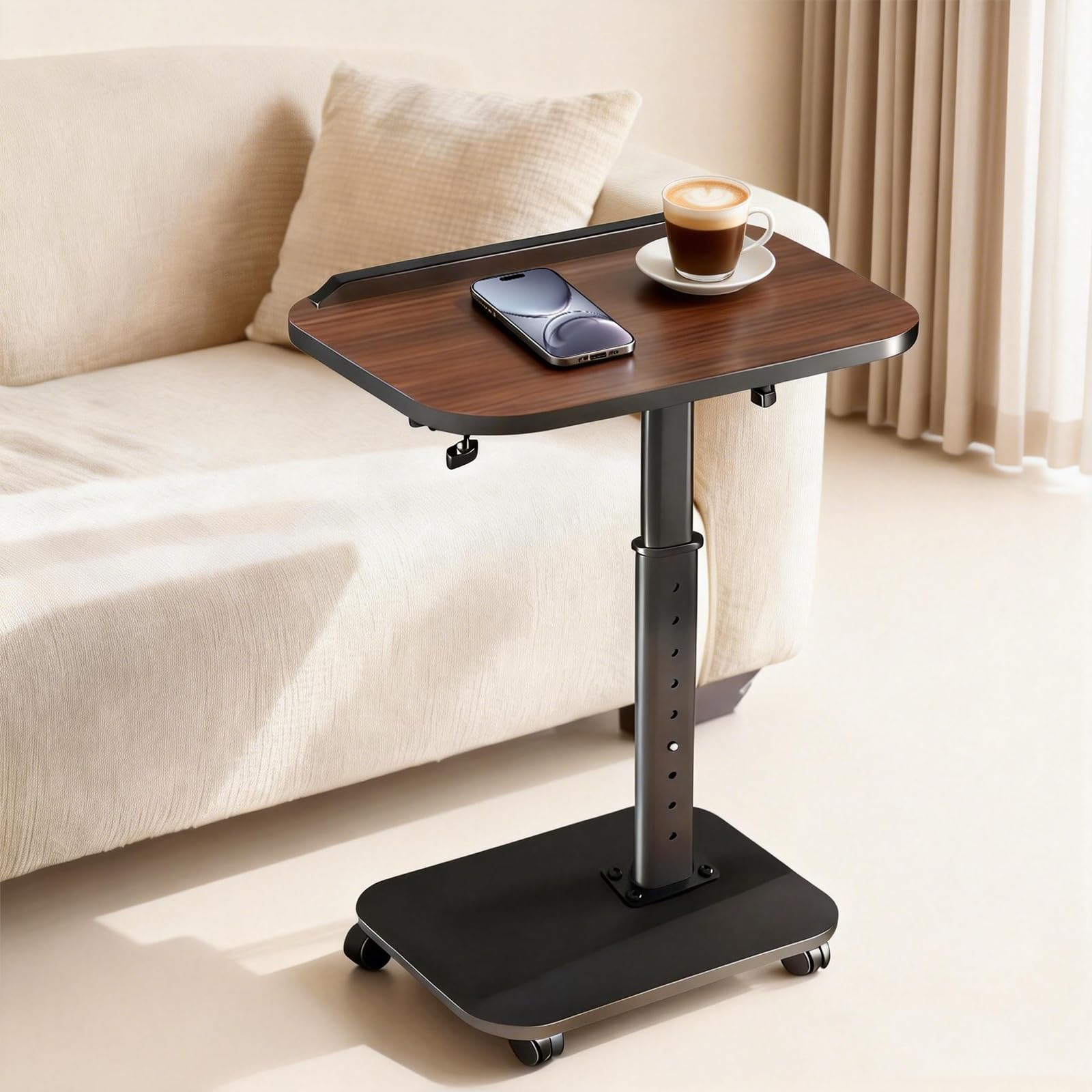 c table end table adjustable height, rolling tv tray table for small spaces 180° flip-over panel design & 360° swivel casters, c shaped side tables for couch for living room, bedroom, bed, sofa, snack