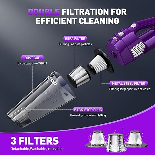 Miniatura 4 de Aspiradora de mano inalámbrica, 15000 PA, potente aspirador de succión para automóvil, ligero con múltiples accesorios, aspiradora de mano para
