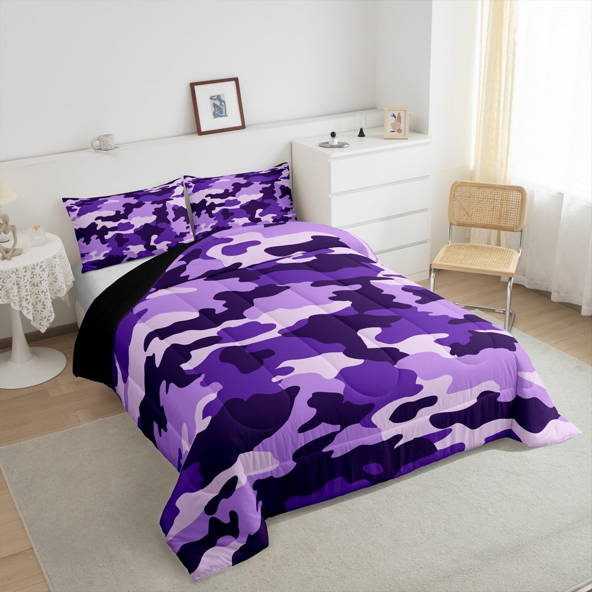 Erosebridal Purple Camo Toddler Bedding Set,Military Cabin Comforter Set for Kids Boys Girls,Camouflage Duvet Set for All Season,Rustic Hunting Quilt Set