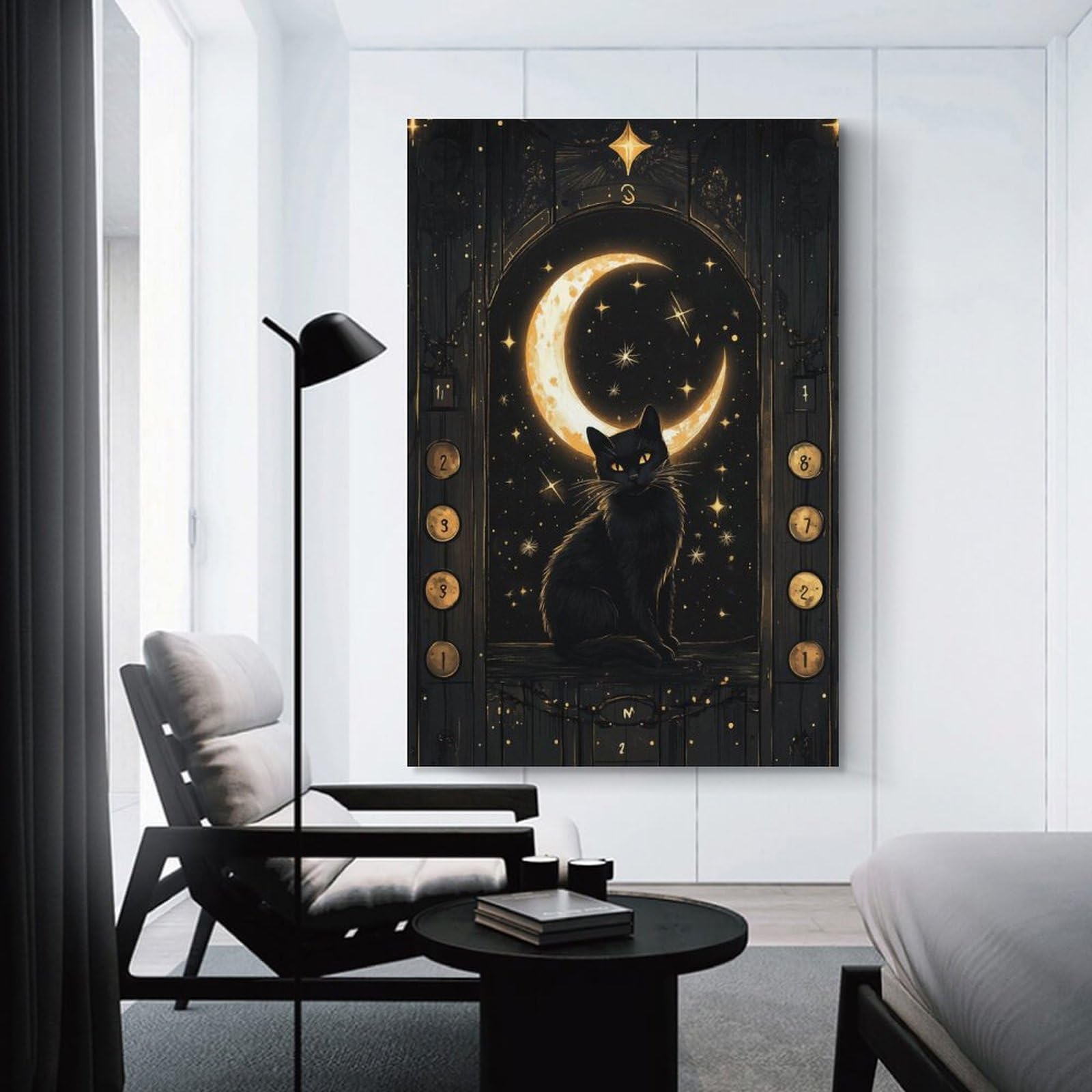 Junmoney Canvas Wall Decor Black Cat Moonlit Window, 24x36inch(60x90cm), for Living Room, Bedroom, Office Or Hallway, Decorative Artwork with Broad Appeal