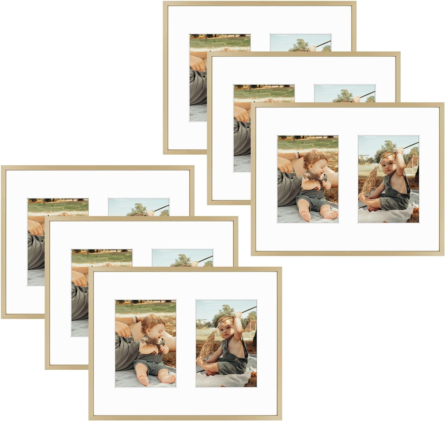 Golden State Art, 7x5 Aluminum Collage Frame, Displays 5x7 Pictures With 2 Openings Mat or One 11x14 Photo, Real Glass, Portrait/Landscape Wall Display, Gold, 6 Pack