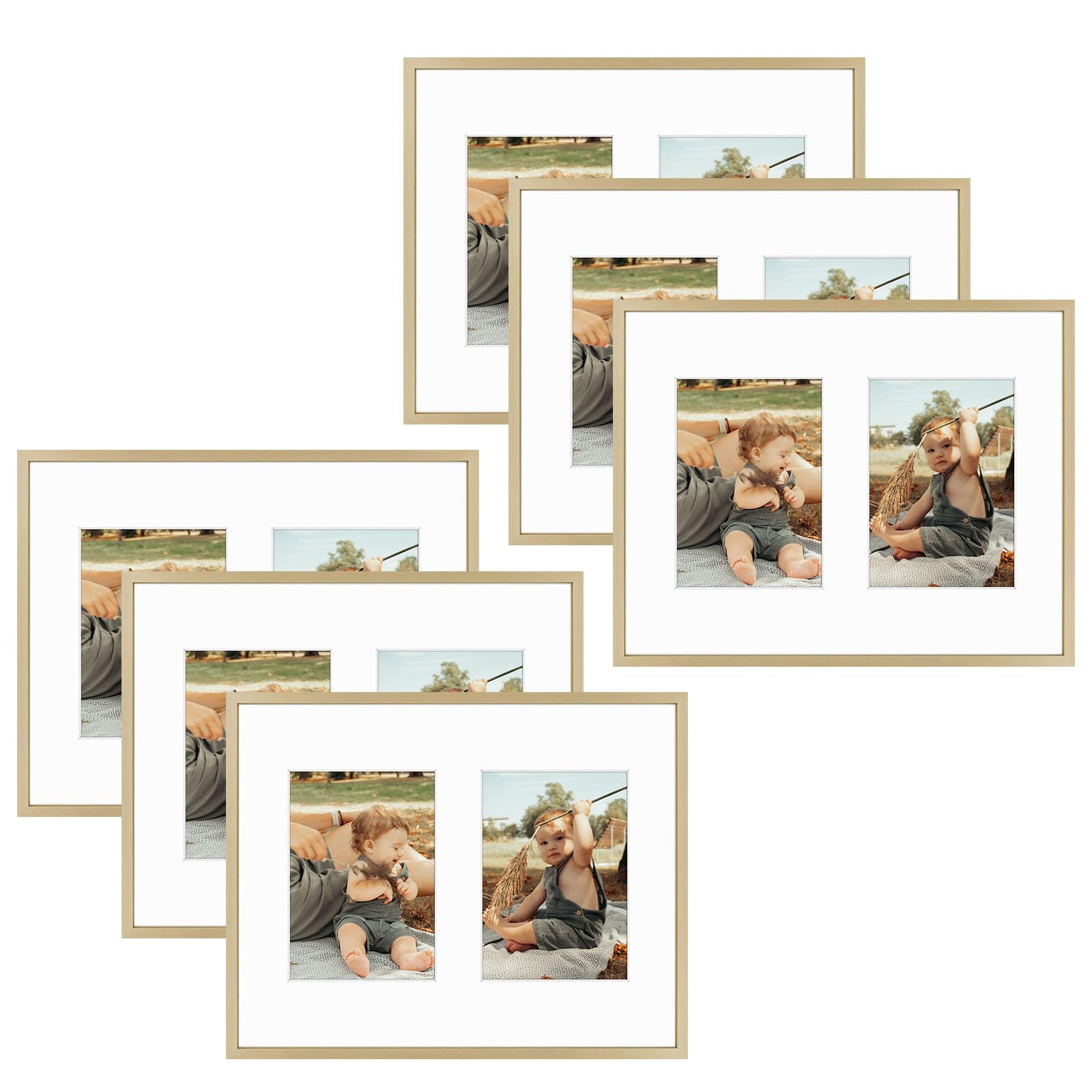 Golden State Art, 7x5 Aluminum Collage Frame, Displays 5x7 Pictures With 2 Openings Mat or One 11x14 Photo, Real Glass, Portrait/Landscape Wall Display, Gold, 6 Pack