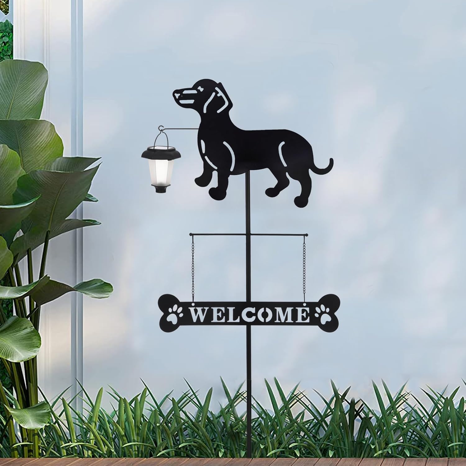 BAYN Solar Dachshund Silhouette Dog Breed Welcome Sign with a Lantern Outdoor Decorative Garden Stakes for Yard, Lawn, Patio, Pathway