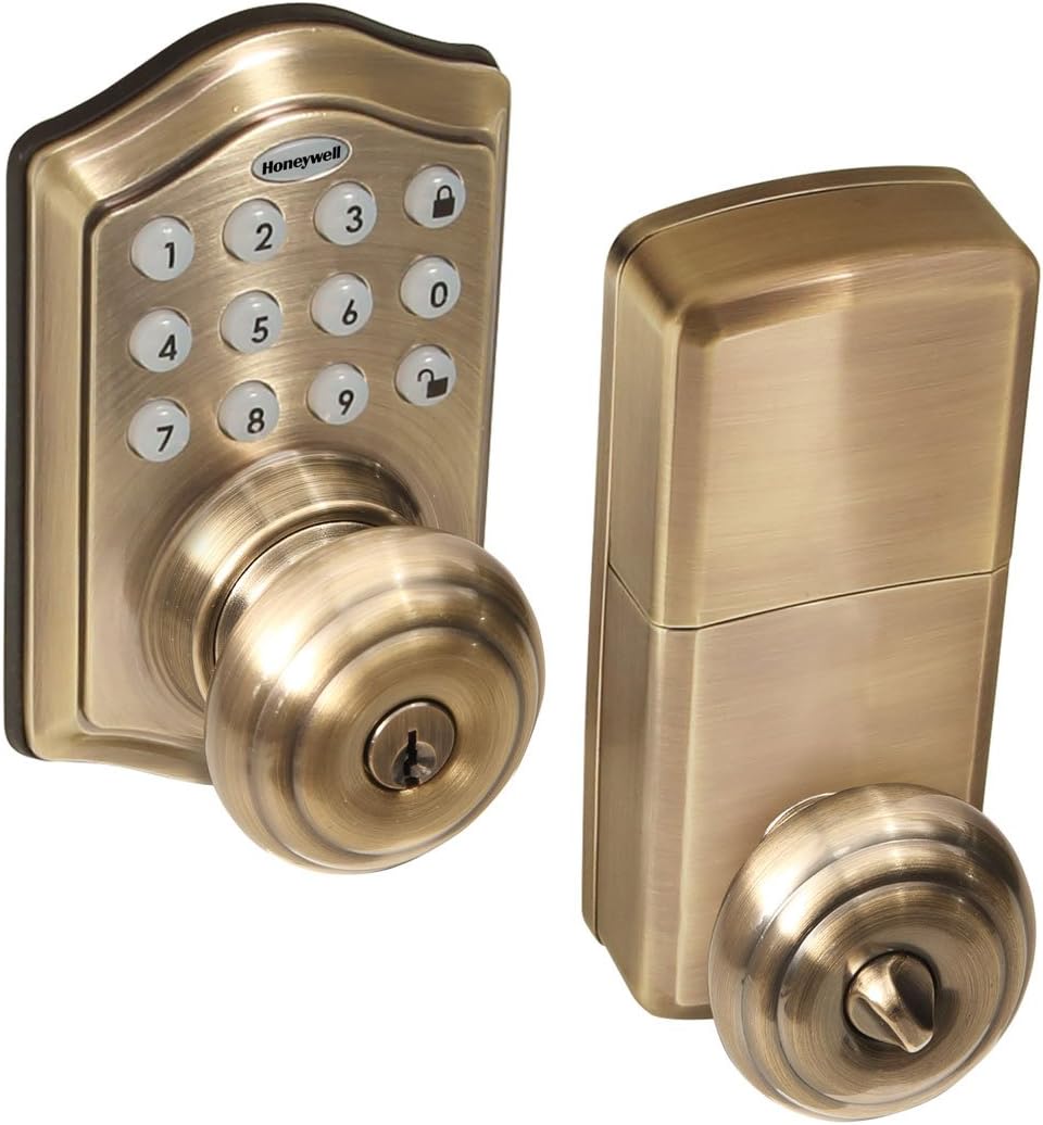 Honeywell 8732101 Electronic Entry Knob Door Lock, Antique Brass, Door