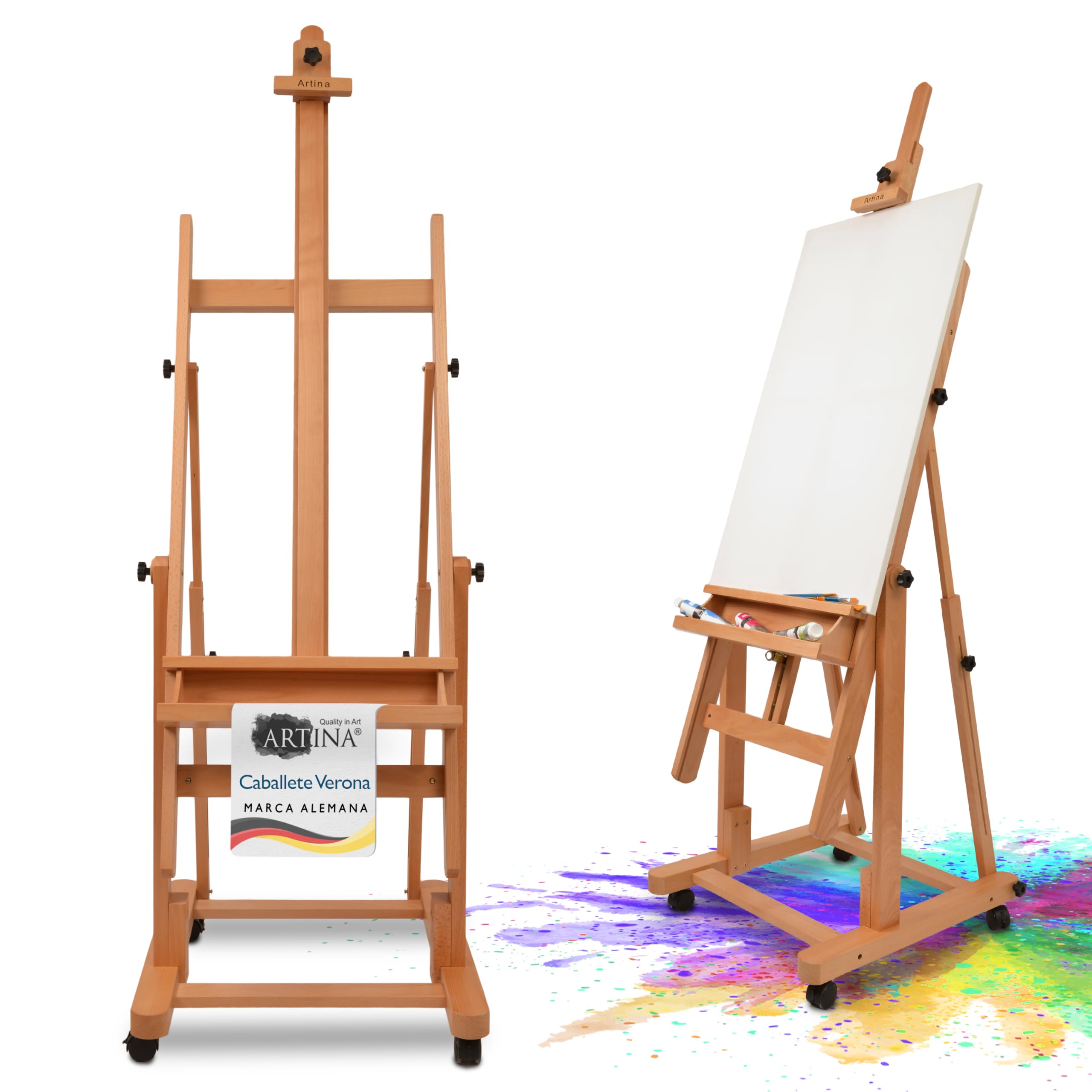 Artina caballete de pintura profesional de estudio con ruedas para lienzos | madera de haya maciza para hasta 210cm de horizontal plegable bastidor Verona