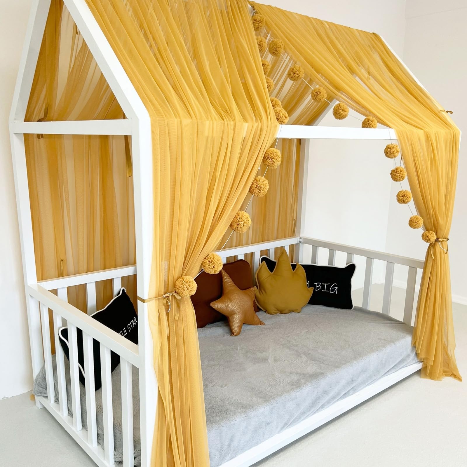 Tenda a baldacchino per letto della cameretta dei bambini, decorazione per letto montessori, tenda da gioco in morbido tulle per bambini (senape, 420 cm, set da 4)