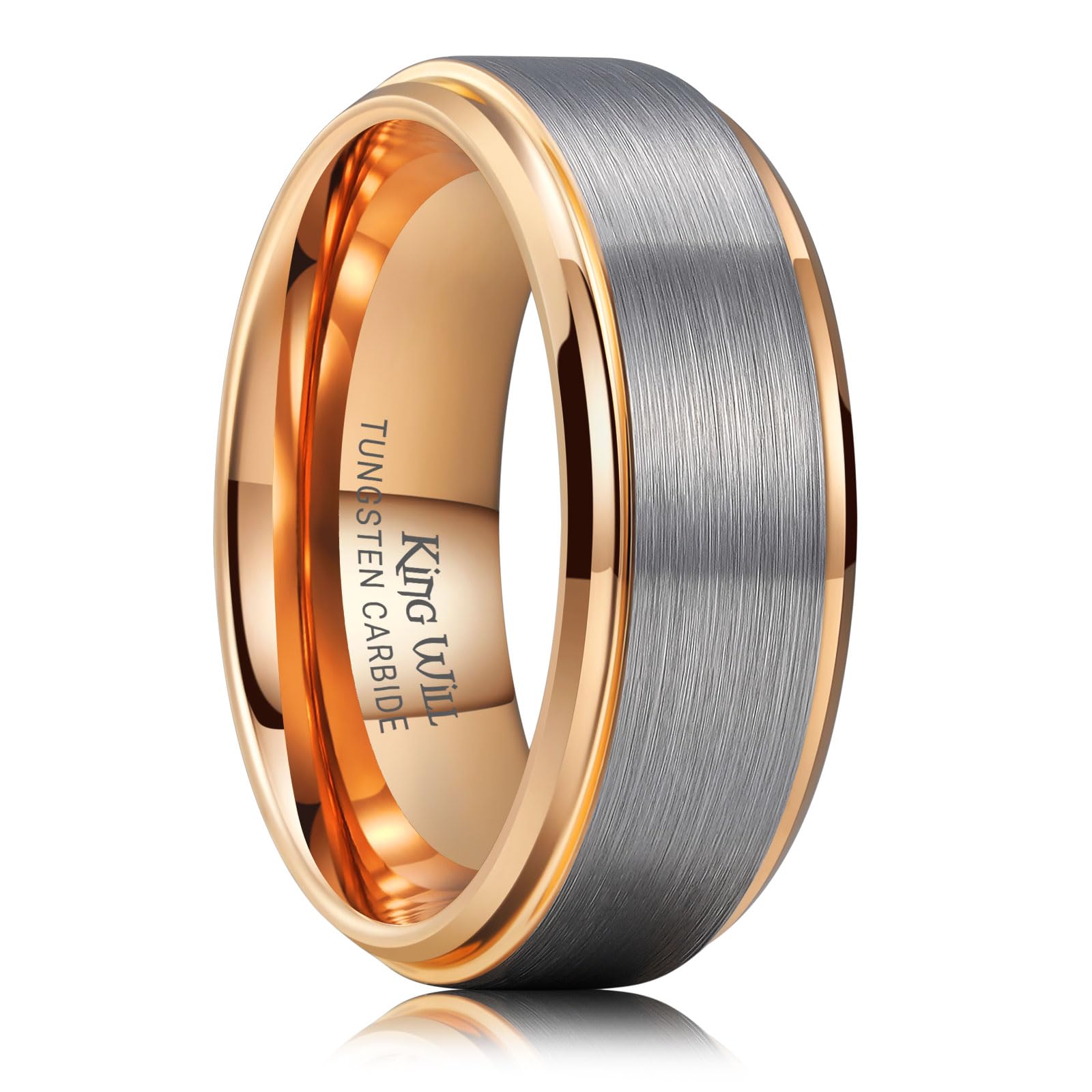 King Will Mens Brushed Wedding Band, Two Tone Matte Step Edges/Pipe Cut, Tungsten Carbide Anniversary Promise Rings Comfort Fit