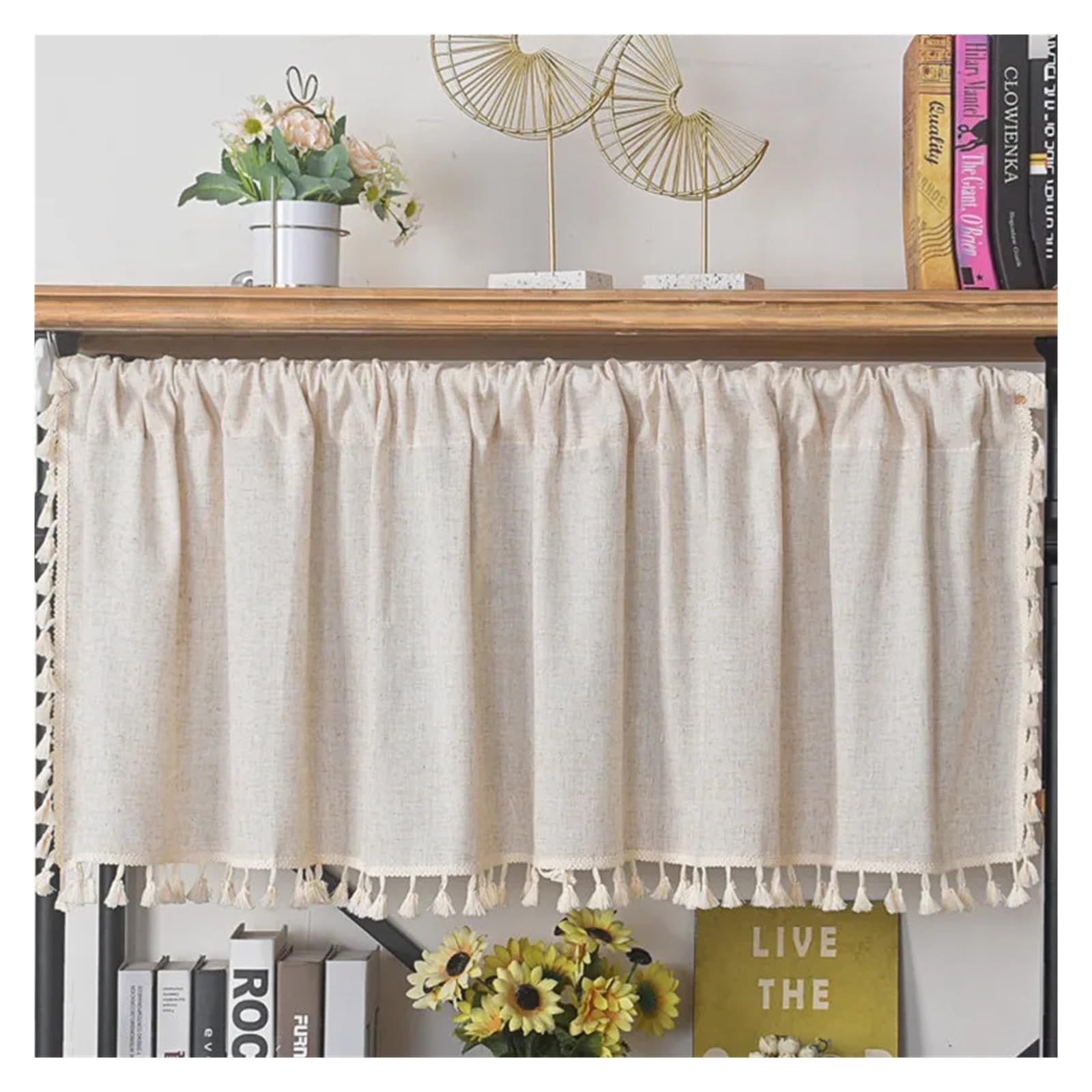 AIQIJOHI Short Curtains Tassels Short Curtain for Home Kitchen Bedroom Bay Window Cabinet Flax Fabric Bookshelf dust curtain(Tassels,W150xH45cm)