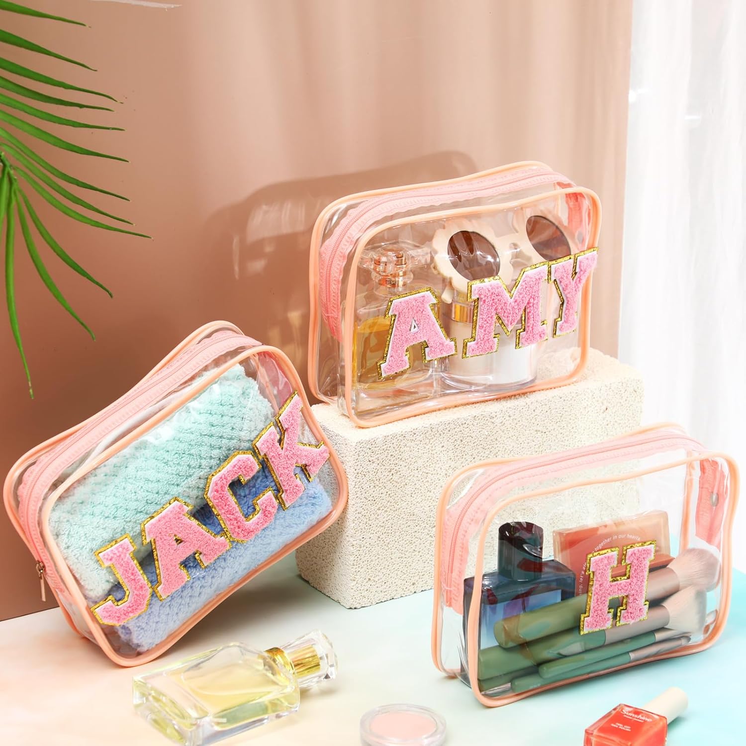 Huhumy 12 Personalized Initial A-z Preppy Patch Clear Makeup Bag Initial Letter Beach Travel Toiletry Cosmetic PVC Bag DIY Chenille Letter Patches Easter Exchange Gifts(Pink, Pink Letters)