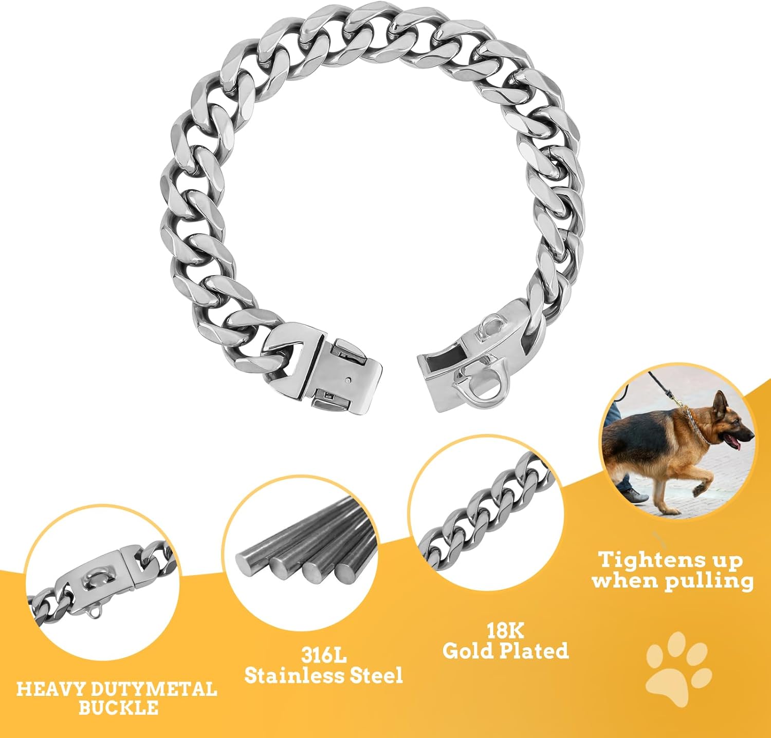BAOBOTE 19mm Silver Chain Dog Collar, Luxurious Cuban Link Dog Collar with Secure Snap Buckle,for Large Pitbulls(20" Silver)