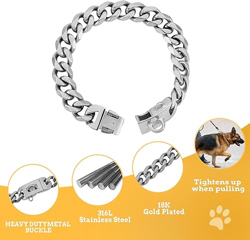 Miniatura 4 de BAOBOTE Collar de perro de cadena de plata de 0.71 pulgadas, lujoso collar de perro de eslabones cubanos de plata con hebilla segura, para Pitbull