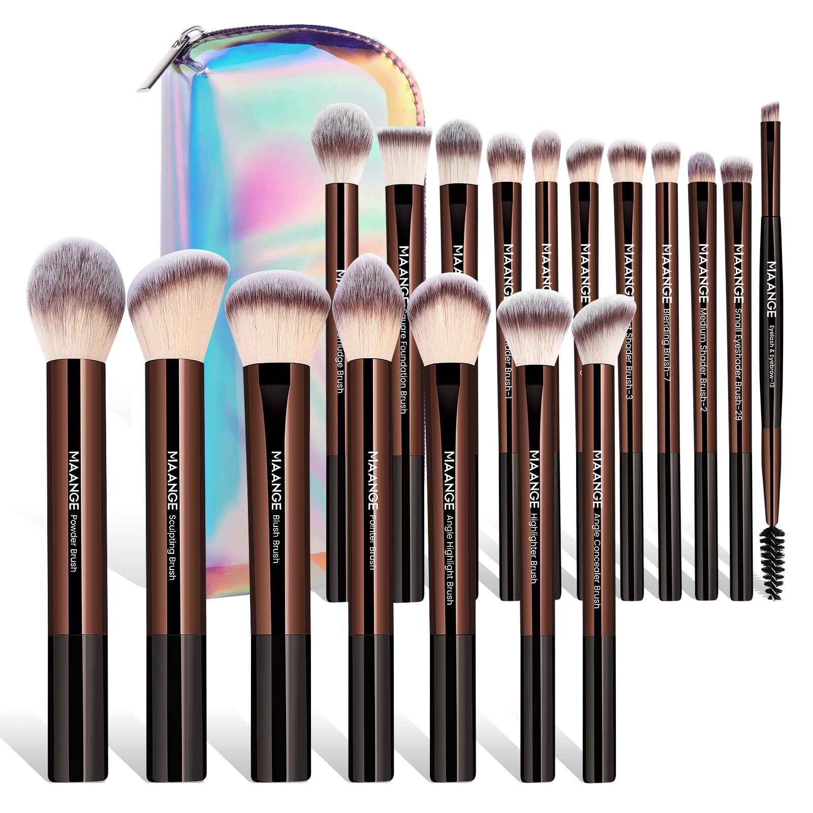 MAANGE 18 Pcs Makeup Brushes with Laser Bag, Premium Synthetic Makeup Brush Set Professional Makeup Tools Eyeshadow Foundation Powder Blending Brushes Kit (Coffee Brown)