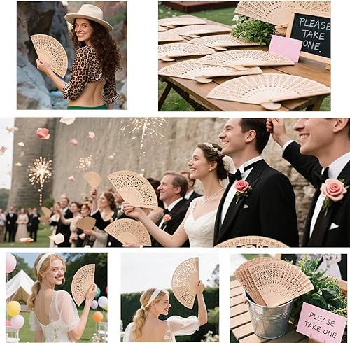 Miniatura 8 de Wobe Paquete de 60 abanicos de sándalo para recuerdos de boda, abanicos plegables de mano de madera, calados, para bodas, fiestas, decoración del