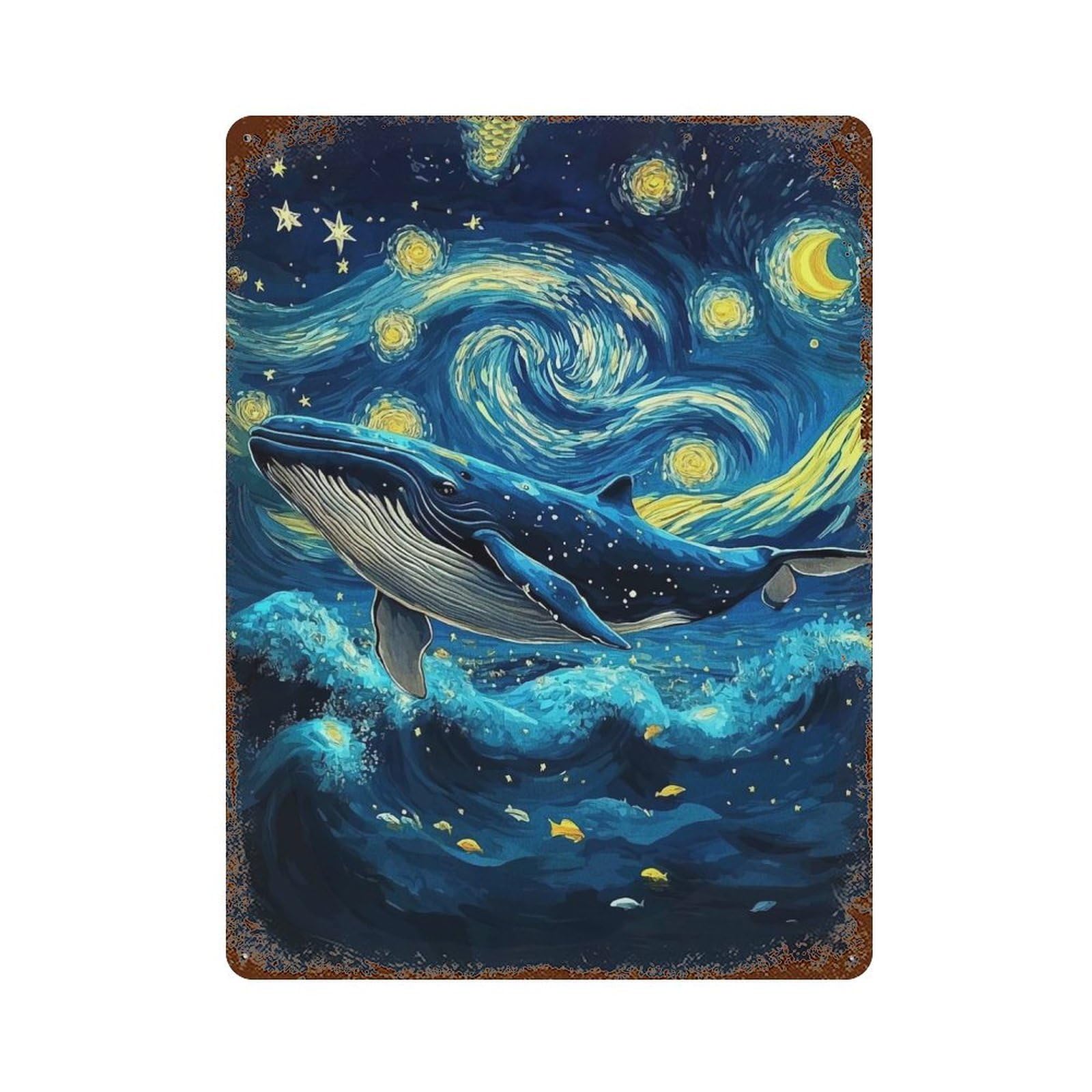 Garage Style Whale in Starry Night Style Rustic Tin Plaque 15.7"x11.8", Classic Wall Plaque for Bar And Workshop