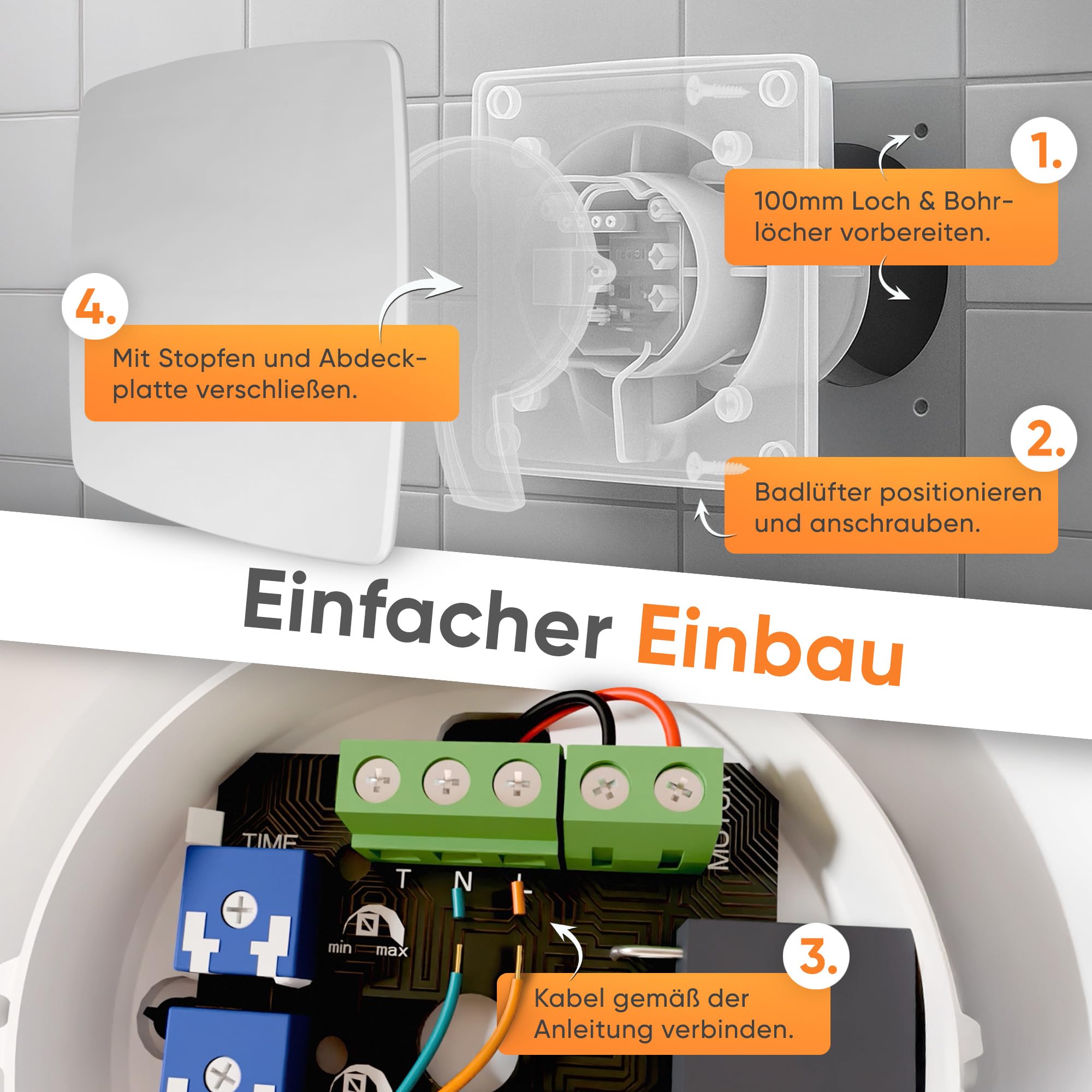 MEISTERBAU - Badlüfter mit Feuchtigkeitssensor & Nachlauf [Made in Europe] - Leiser Lüfter 100mm Durchmesser - mit Nachlauf - Effizienter Abluftventilator - Bad & Dusche
