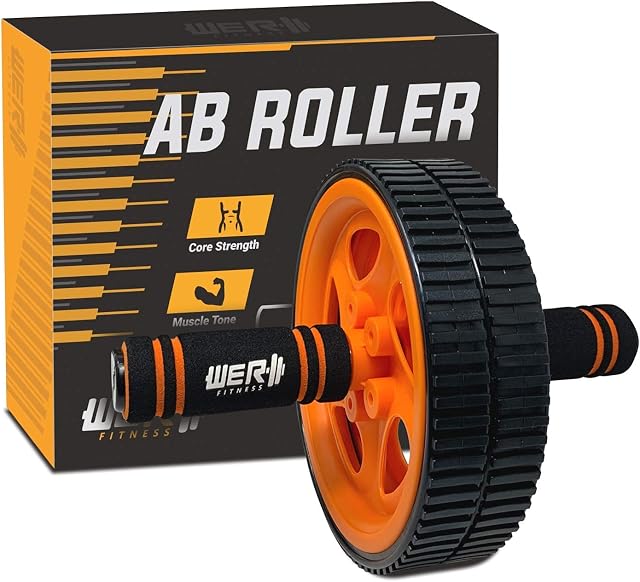 We R Fitness Ab Roller, Abdominal exercise wheel for stomach, arms, shoulders for core strength exercise. Black with Durable Rubber wheel and soft foam handles, the Perfect Exercise Accessory.