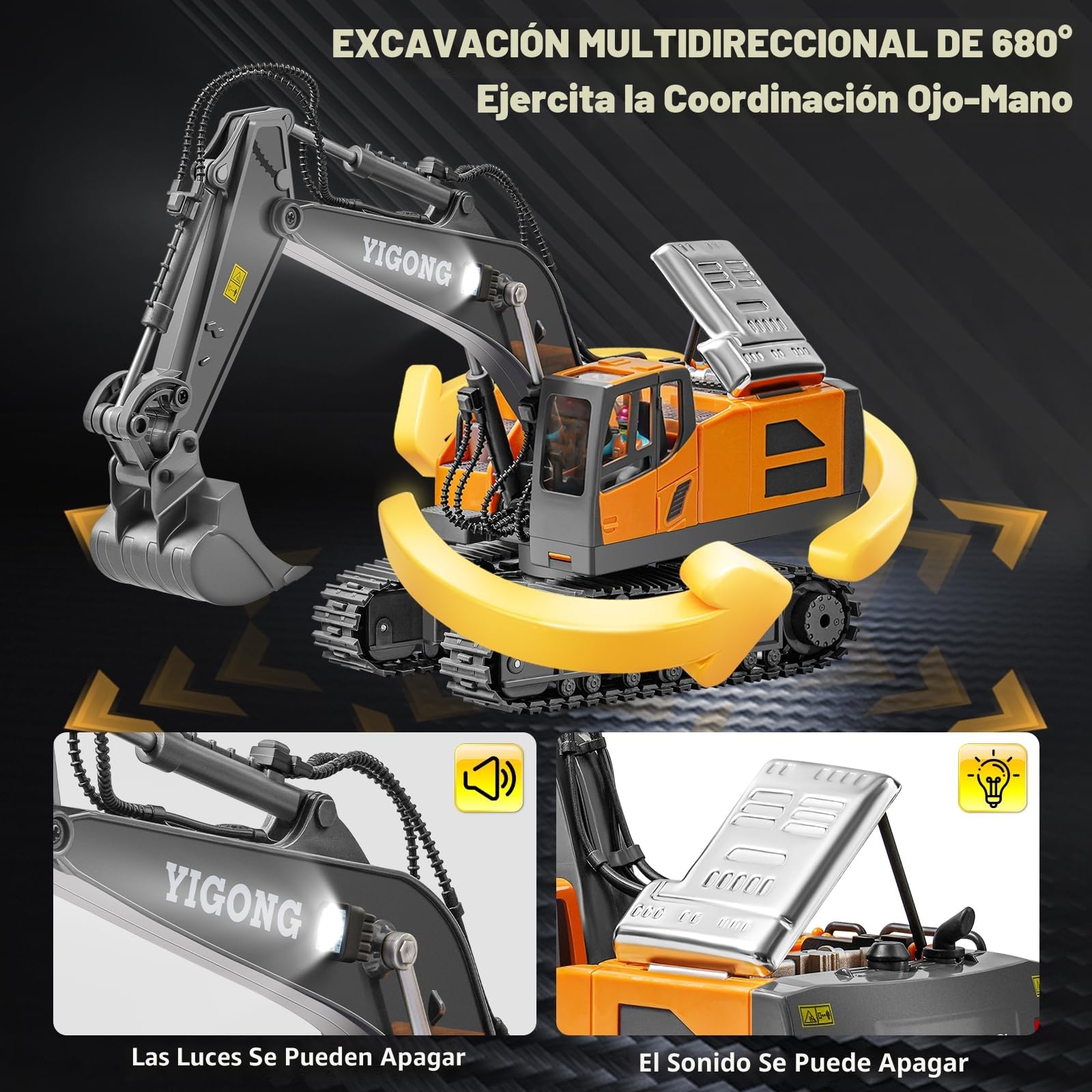 Excavadora de Control Remoto para Niños - Recargable Con Pala Metálica, Hidráulica, Luces y Sonidos - Juguete para 6-14 Años