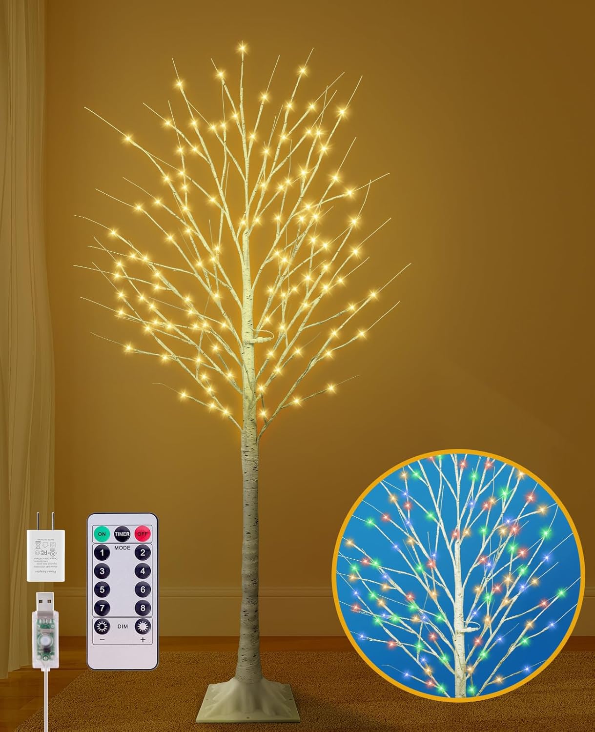 6FT Lighted Birch Tree, Birch Tree with 130 LED Lights, 8 Flash Modes and Timer, Light Up Twig Christmas Tree for Indoor Outdoor Home Party Garden Wedding Decorations (Warm White & Multicolor) 6FT 1Pack