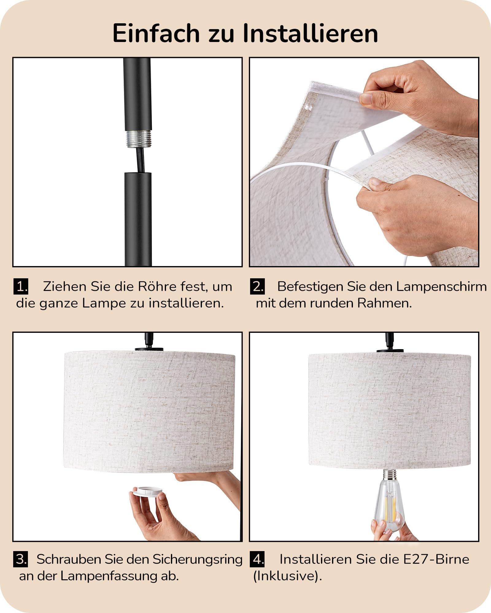 EDISHINE Stehlampe Wohnzimmer 160cm, Bogenlampe Modern mit Beigen Verstellem Leinen-Lampenschirm, LED E27 Glühbirne inklusive, Schwarz Leselampe Stehleuchte für Schlafzimmer, Kinderzimmer