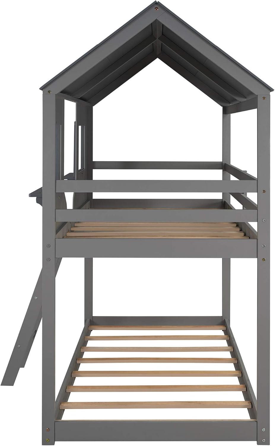 Harper & Bright Designs House bunk Bed Twin Over Twin, Low Bunk Bed Frame Wood Bunk Bed with Roof, Window, Guardrail, Ladder for Kids, Teens, Girls, Boys,No Box Spring Needed,Grey