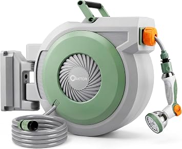 Retractable Garden Hose Reel, 1/2  x 30m+2m Upgraded UV Resistant Heavy Duty Wall Mounted Hose Reel with 10 Patterns Nozzle, Any Length Lock, Slow Return System, 180 Swivel Bracket